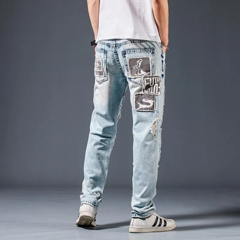 Abstract Patterned Patchwork Slim Straight Jeans