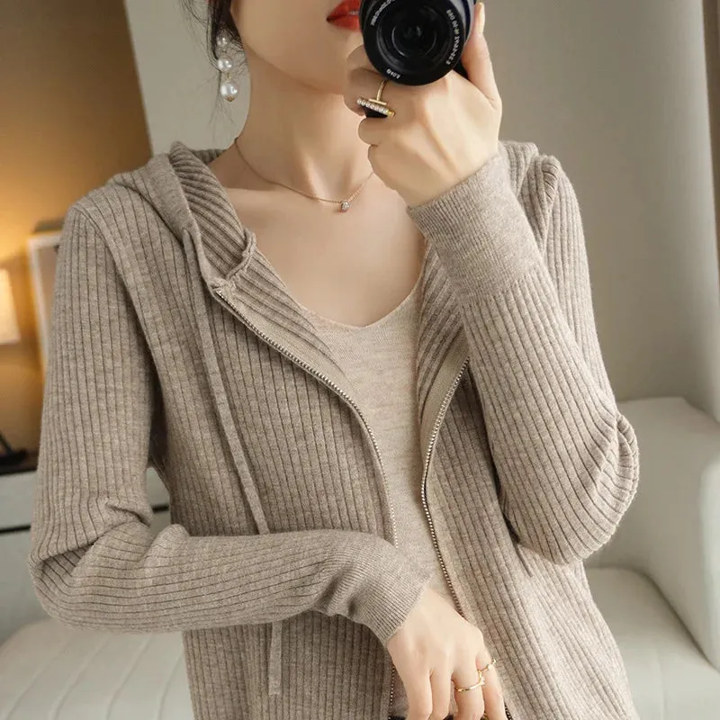 Buttery Soft 100% Pure Merino Wool Knitted  Zipper Hooded Cardigan
