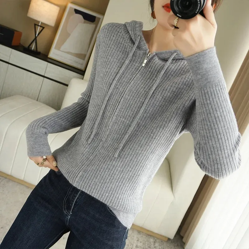 Buttery Soft 100% Pure Merino Wool Knitted  Zipper Hooded Cardigan