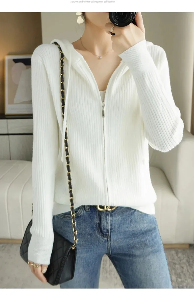 Buttery Soft 100% Pure Merino Wool Knitted  Zipper Hooded Cardigan