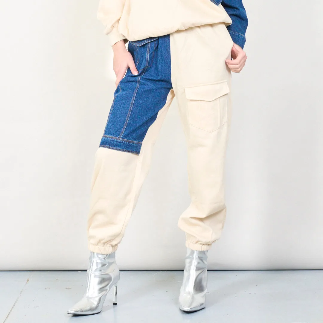 Denim patchwork sweatshirt and jogger set wholesale