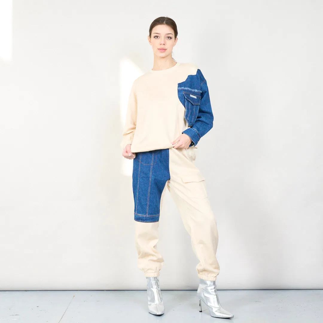 Denim patchwork sweatshirt and jogger set wholesale