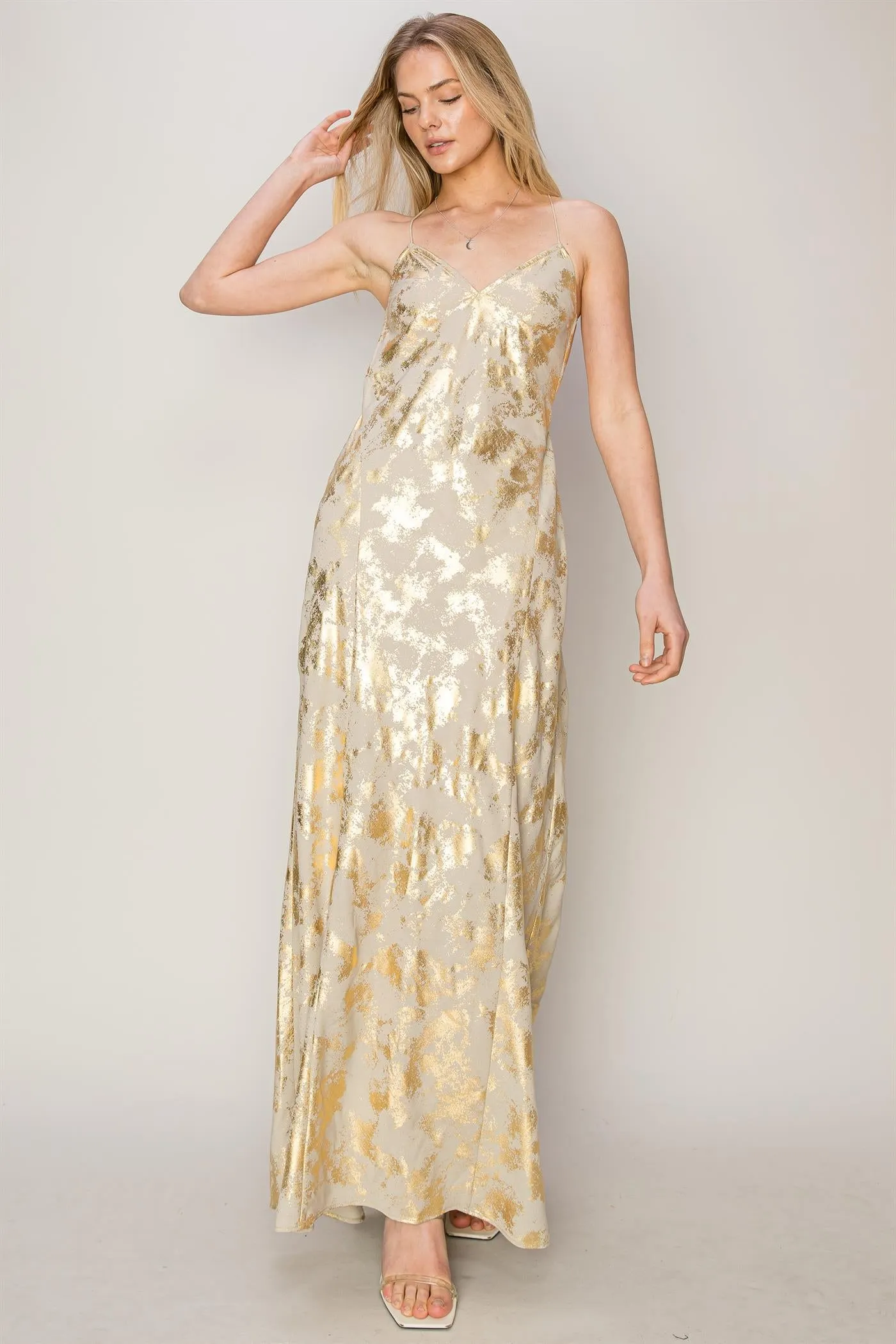 HF24E217-Foil Print Maxi Slip Dress
