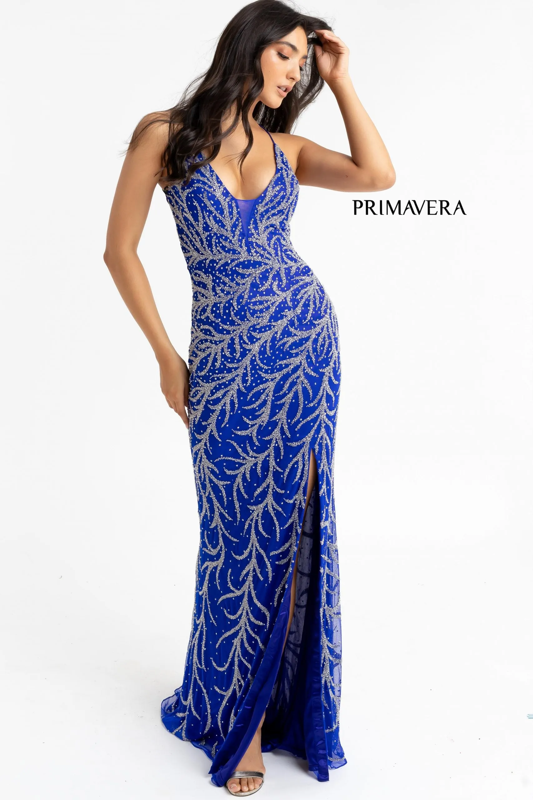 Primavera Couture 3636 Blue size 4 Long Fitted Beaded Prom Dress V Neck Slit Formal Pageant