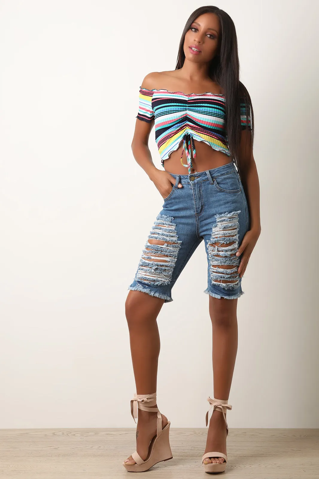 Striped Off The Shoulder Lettuce Edge Crop Top