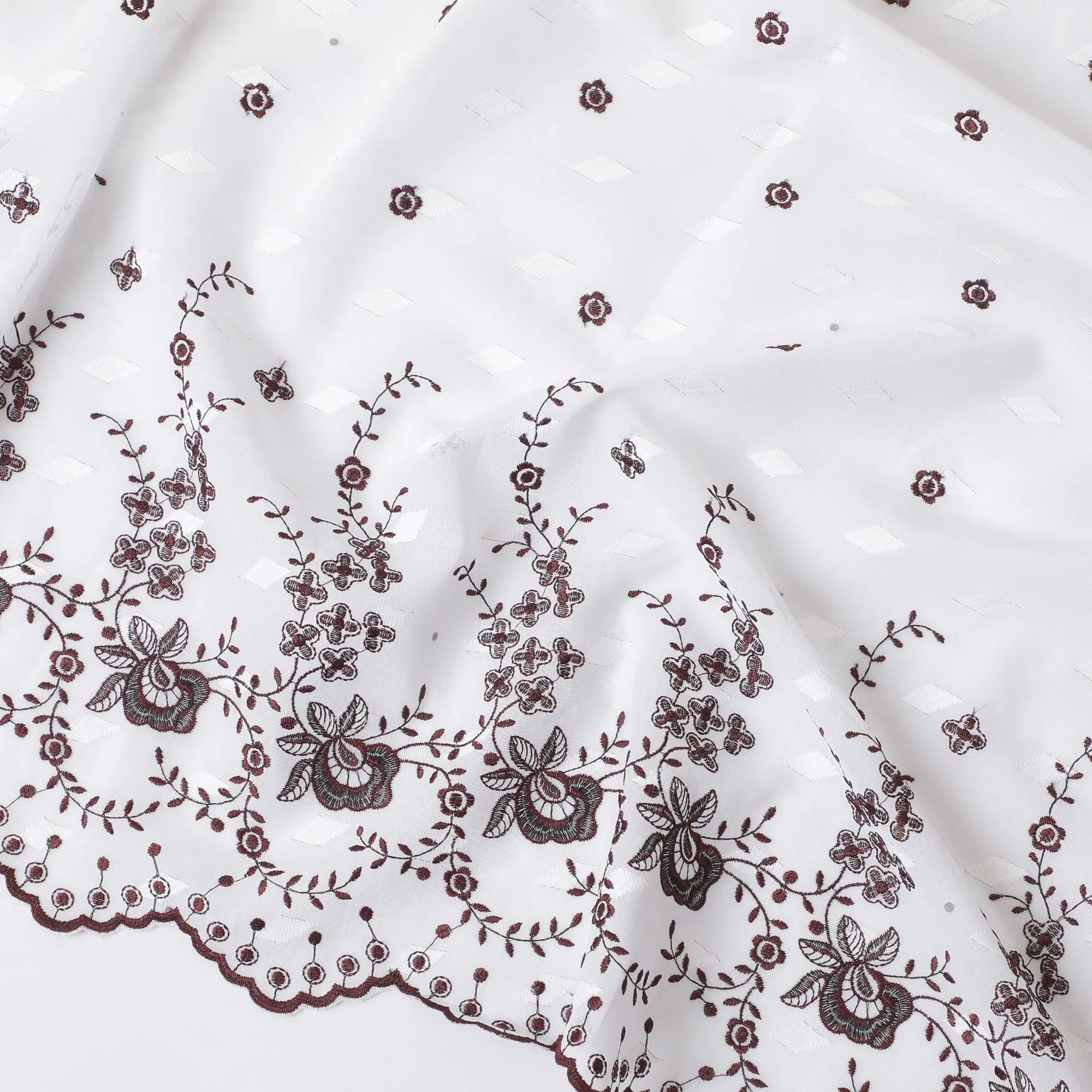 White Premium Swiss cotton voile thobe with same tone and maroon embroidery in floral design having stone work-D11626